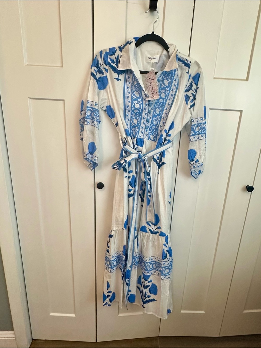 White and Blue Floral Midi Shirt Dress with Belt by